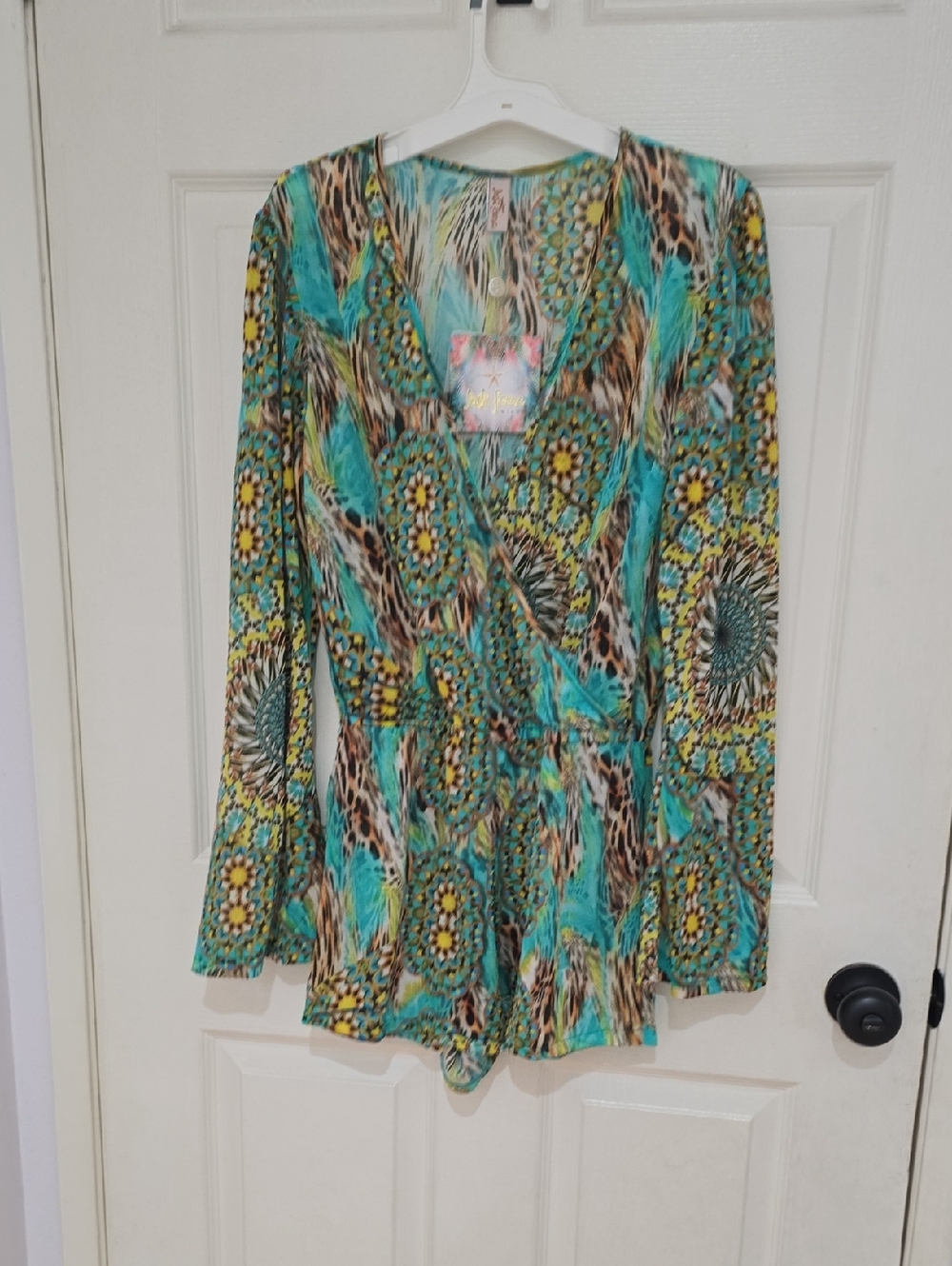 Luli Fama Turquoise Yellow Printed Long-Sleeve Moon Princess Romper Nwt